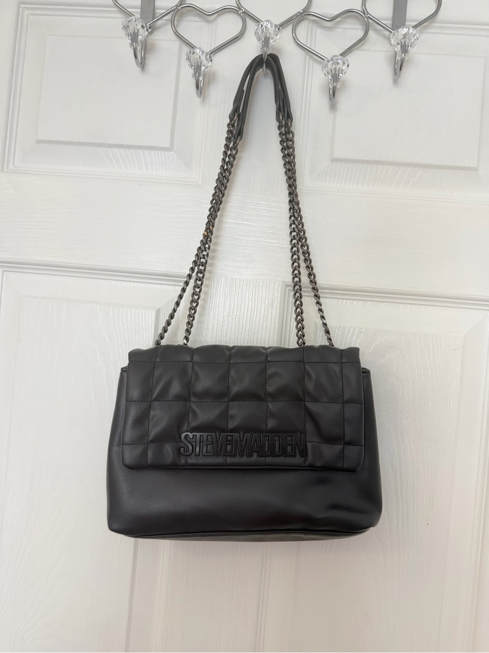Steve Madden Black Quilted Flap Shoulder Bag with Chain Straps